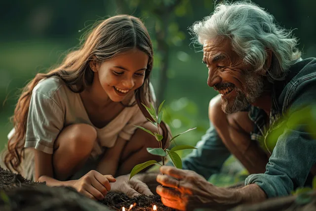 An elderly grandfather and his young granddaughter plant a sapling together in a sunny spring forest.