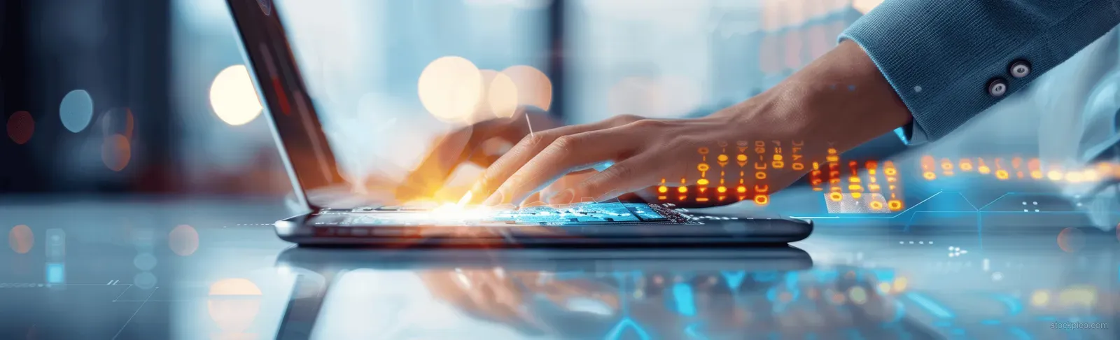 Hands typing on a laptop with glowing analytics graphs on the screen.