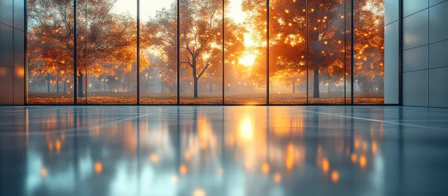 Minimalist office lobby with glass windows, warm bokeh lights outside, and golden reflections on a polished floor.