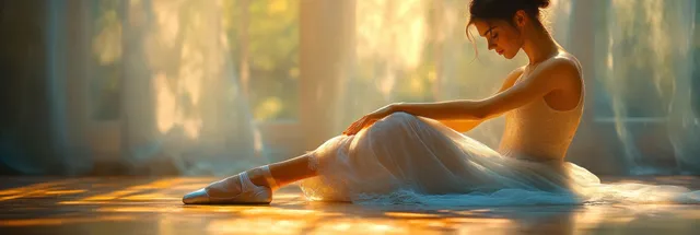 Teenage ballet dancer tying pointe shoes on dance studio floor before class