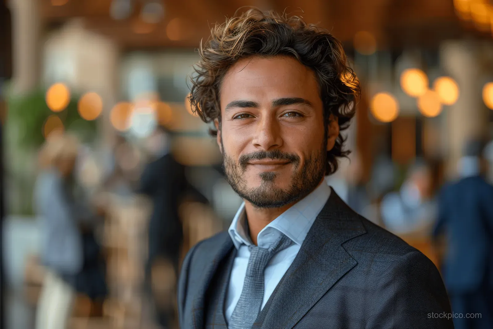 Smiling Arab businessman in a suit stands in a modern office with blurred coworkers behind him.