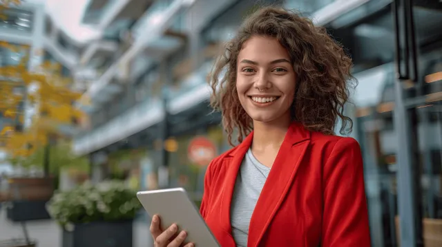 A young woman in a red blazer holds an iPad in front of a modern office building corridor.