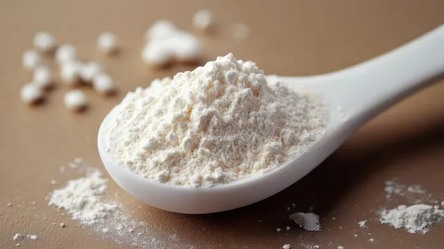 White ceramic spoon filled with fine white powder with scattered grains on a beige surface.