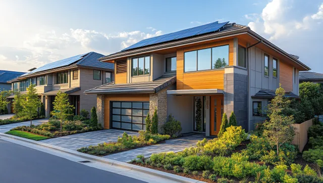 Modern townhouse with solar panels and landscaped front yard on a quiet suburban street