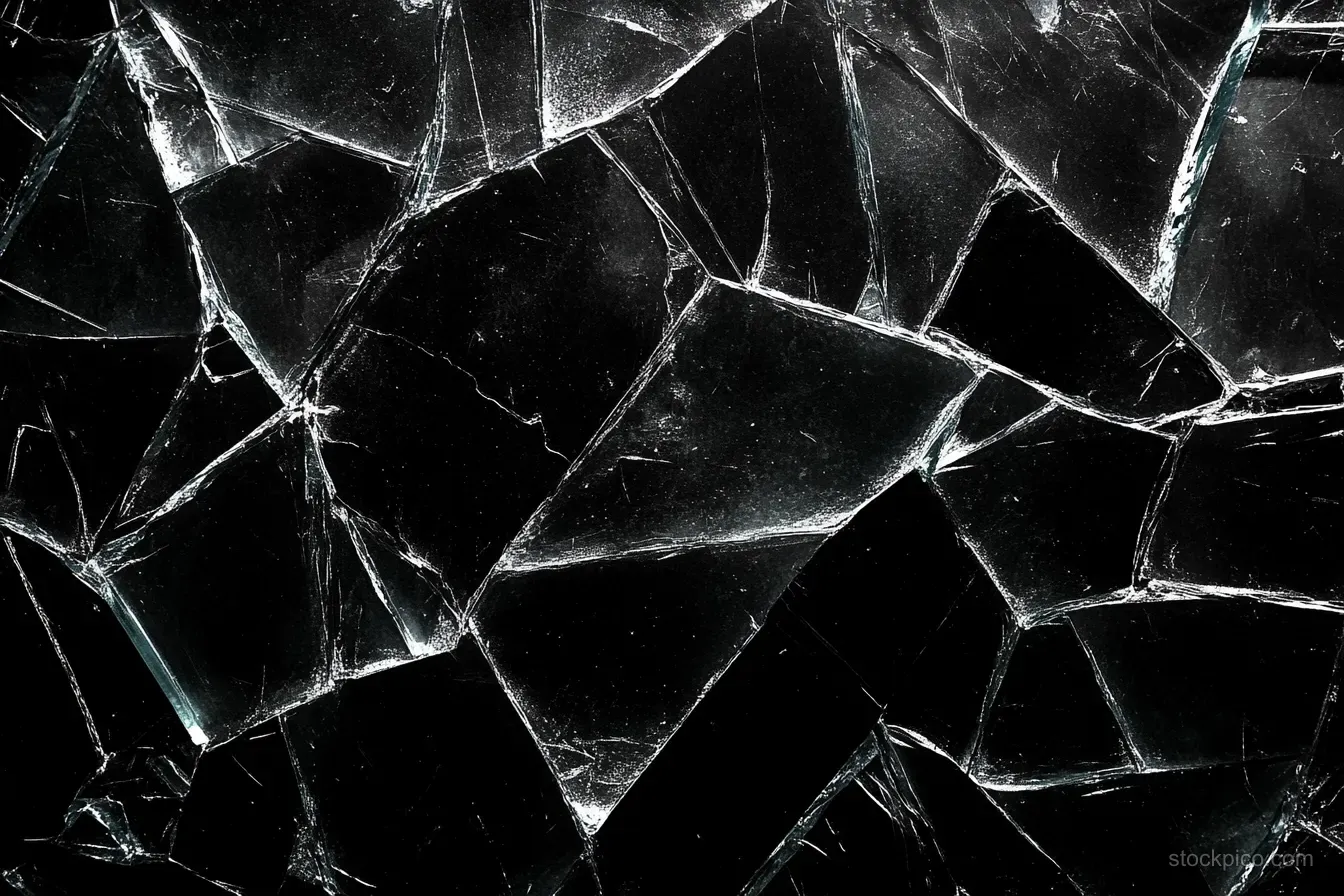 Jagged transparent glass shards with sharp reflective edges scattered on a dark background.