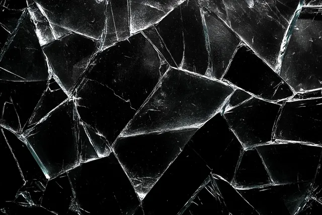 Shattered glass shards scattered on a dark background with sharp reflective edges