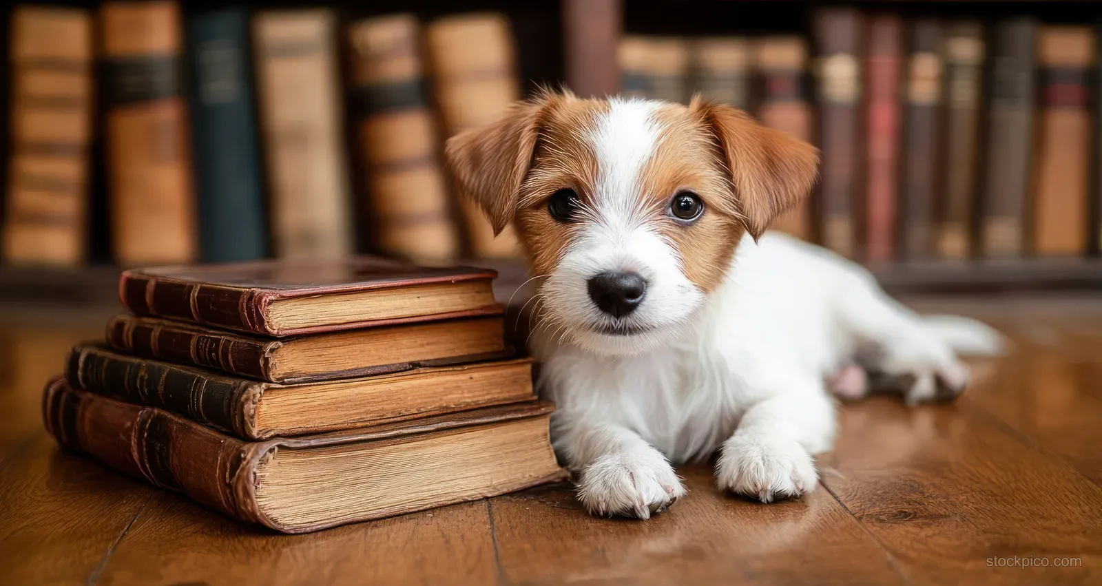 Small white and brown puppy lying on a wooden floor beside stacked vintage books with a blurred bookshelf behind.