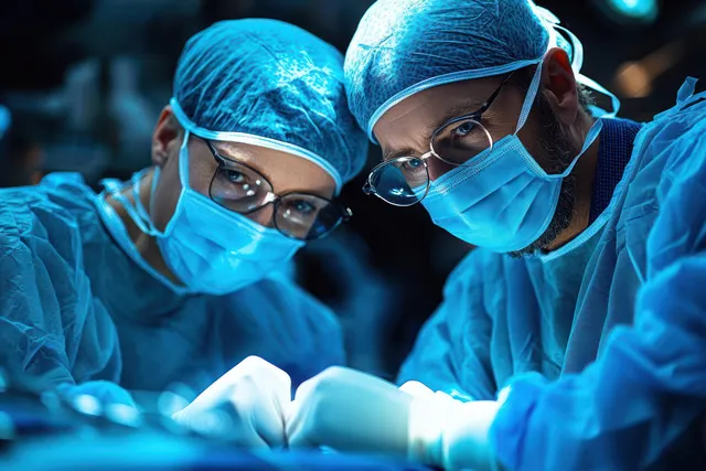 Two masked surgeons in blue gowns work together under bright operating room lights around surgical instruments.