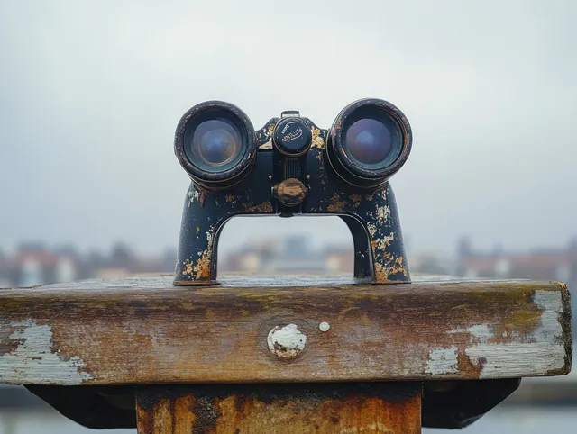 Weathered vintage binoculars mounted on a rusted wooden platform overlooking a blurred city skyline under cloudy light.