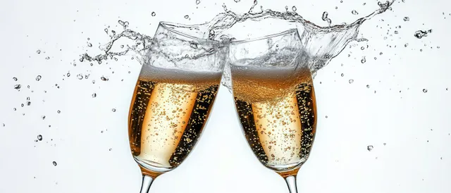 Two champagne flutes clink as bubbly golden liquid splashes upward on a clean white background.