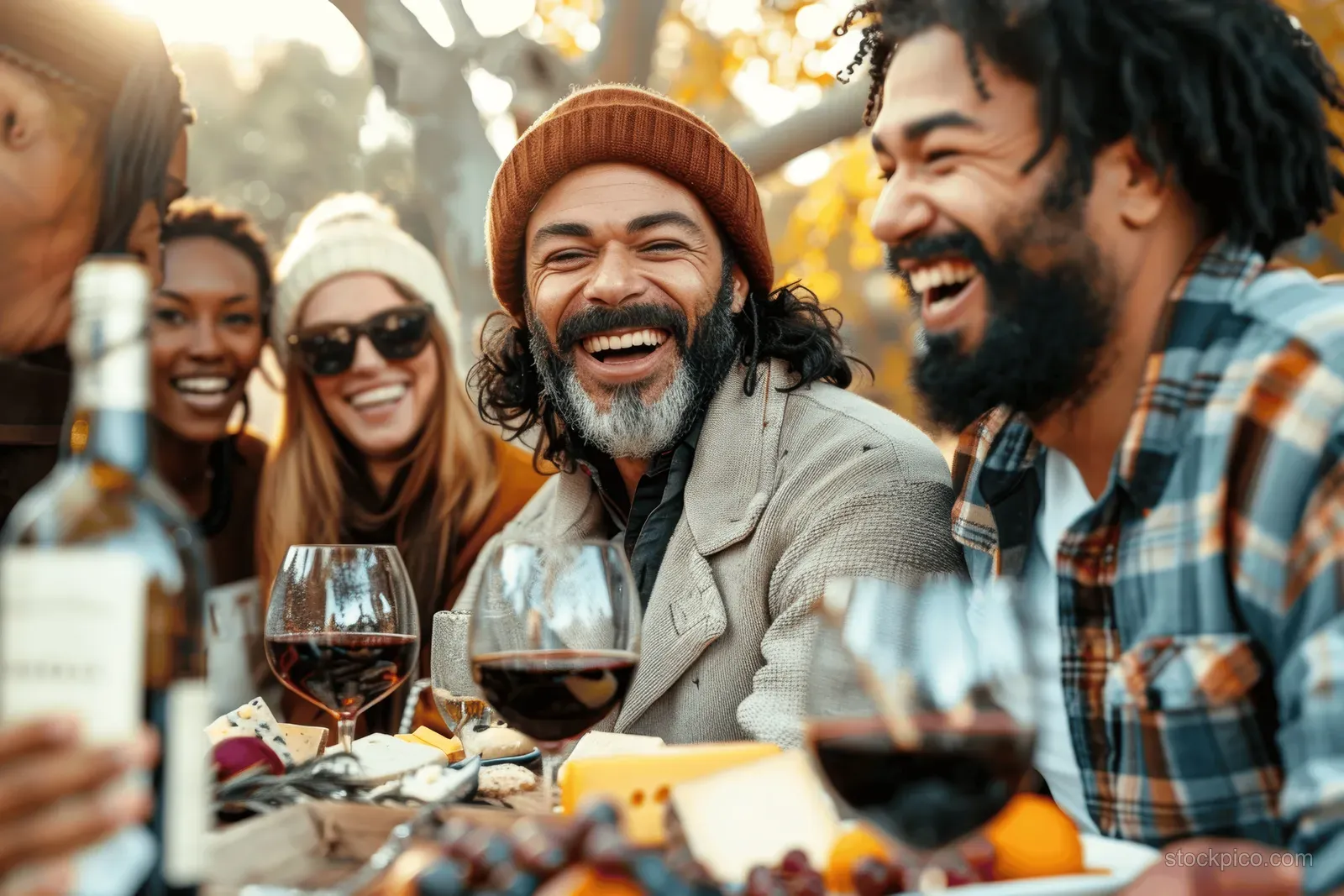 Friends toast red wine at an autumn garden BBQ table with cheese and plated food.