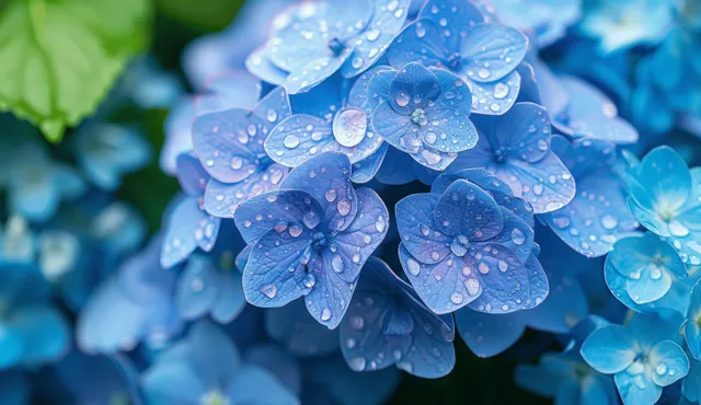 Close-up blue hydrangea blooms with dew droplets, soft-focus garden background filling frame