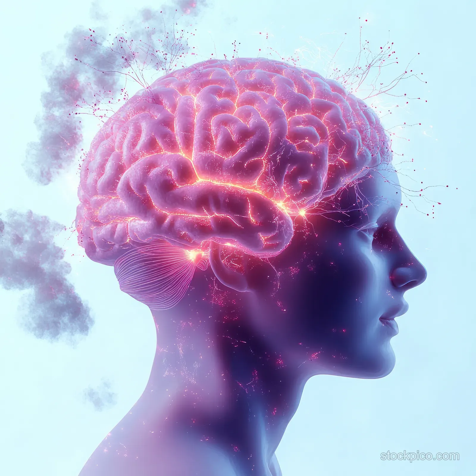 Side profile head silhouette with a glowing pastel brain and branching neural connections amid soft mist.