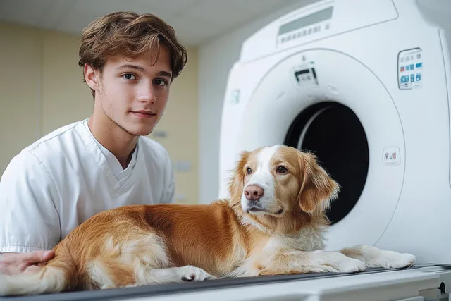 A young veterinarian supports a calm brown-and-white dog lying on a veterinary imaging scanner table in a clinic.