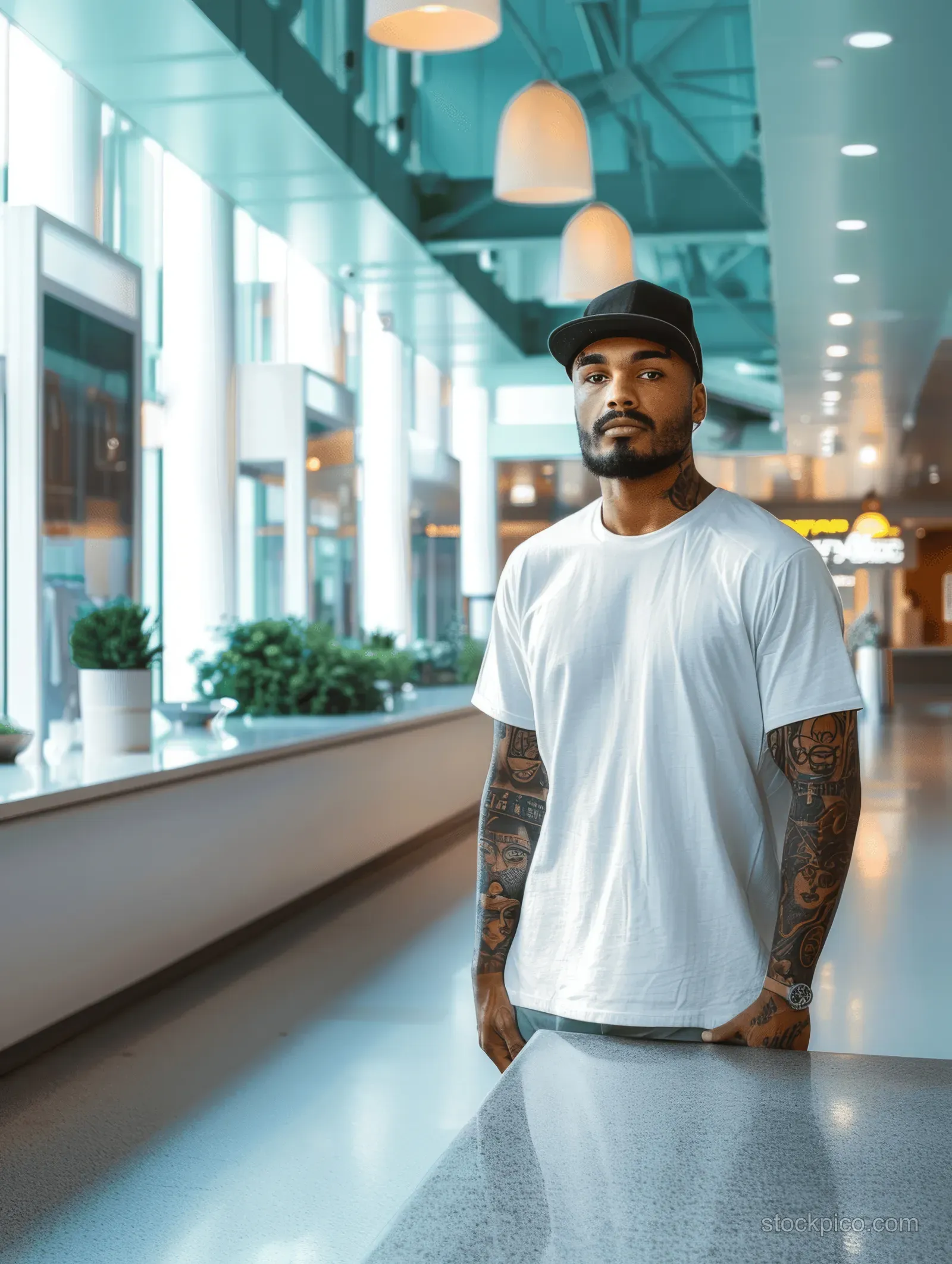 Tattooed man in a white t-shirt and black hat posing in a modern city walkway with storefront windows.