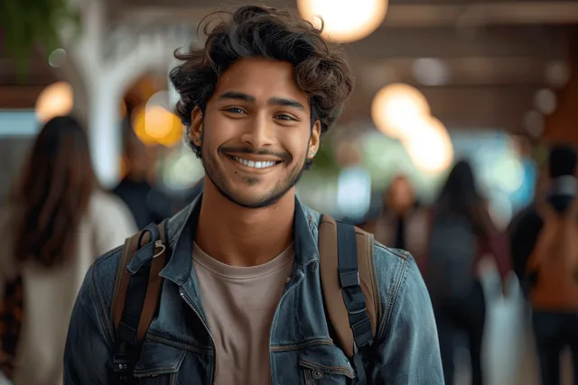 Joven sonriente con chaqueta vaquera y mochila en un pasillo interior concurrido, con luces suaves detrás.
