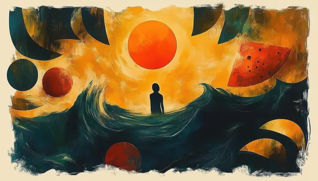 A lone silhouette stands on dark swirling waves under a glowing orange sun with floating abstract circles and a watermelon slice.