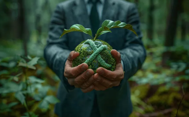Hands holding sprouting earth globe with arrows, circular reuse concept in forest