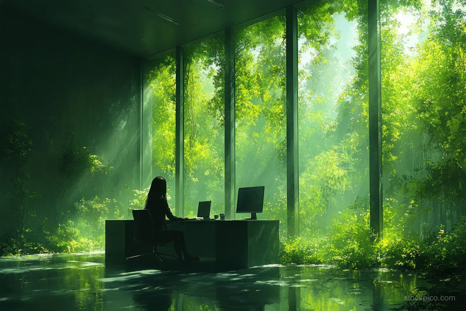 A seated businessman works on a laptop at a minimalist desk beside large windows with soft morning light.