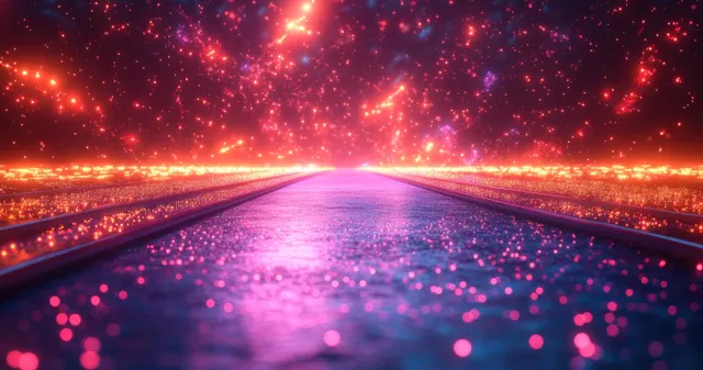 Neon cyberpunk road receding into purple and red light beams at night