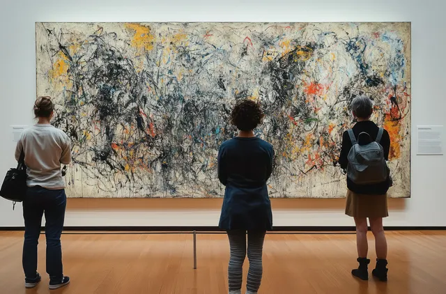 Visitors stand on wooden gallery floor watching a large abstract expressionist painting under warm lights.