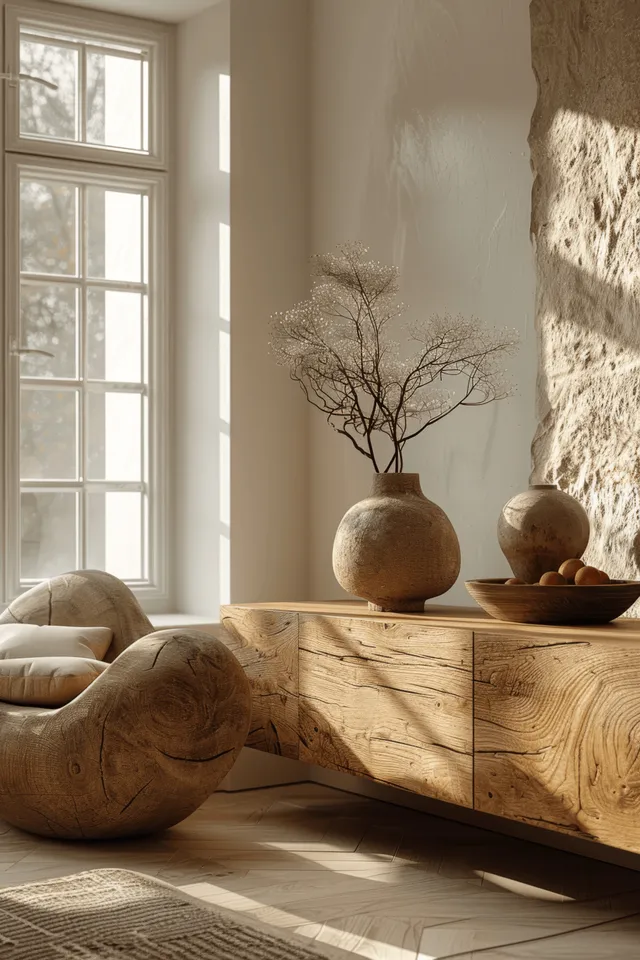 Sunlit interior showing a wooden sideboard with sculptural vases and ornaments near a bright window.