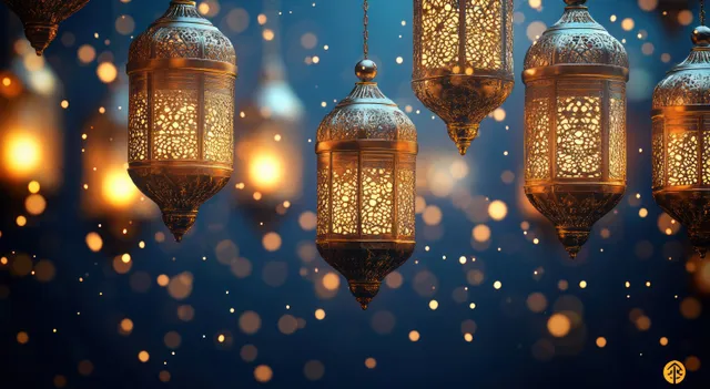 Antique hanging lanterns glowing warmly against dark blue night with golden bokeh lights