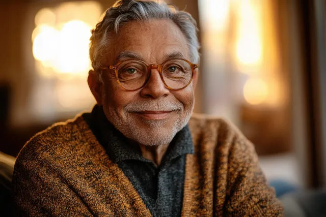 Smiling elderly African American man in a cozy nursing home room with warm, sunlit background.