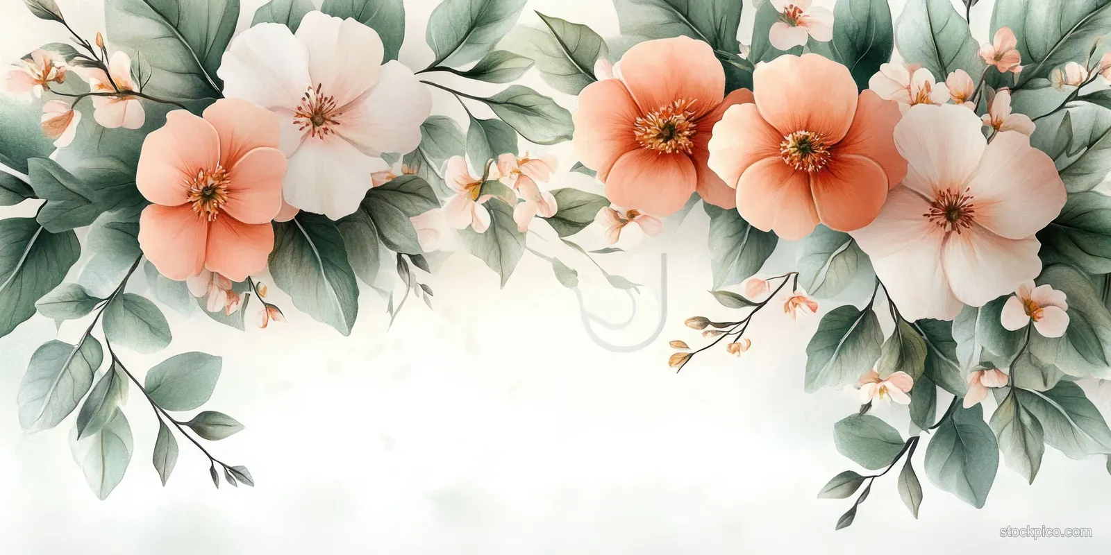 Watercolor floral border with peach and white blossoms and eucalyptus leaves around a blank cream background.