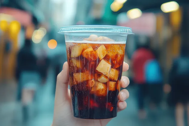 Hand Holding Tahu Gejrot Cup with Dark Sauce on Busy Street