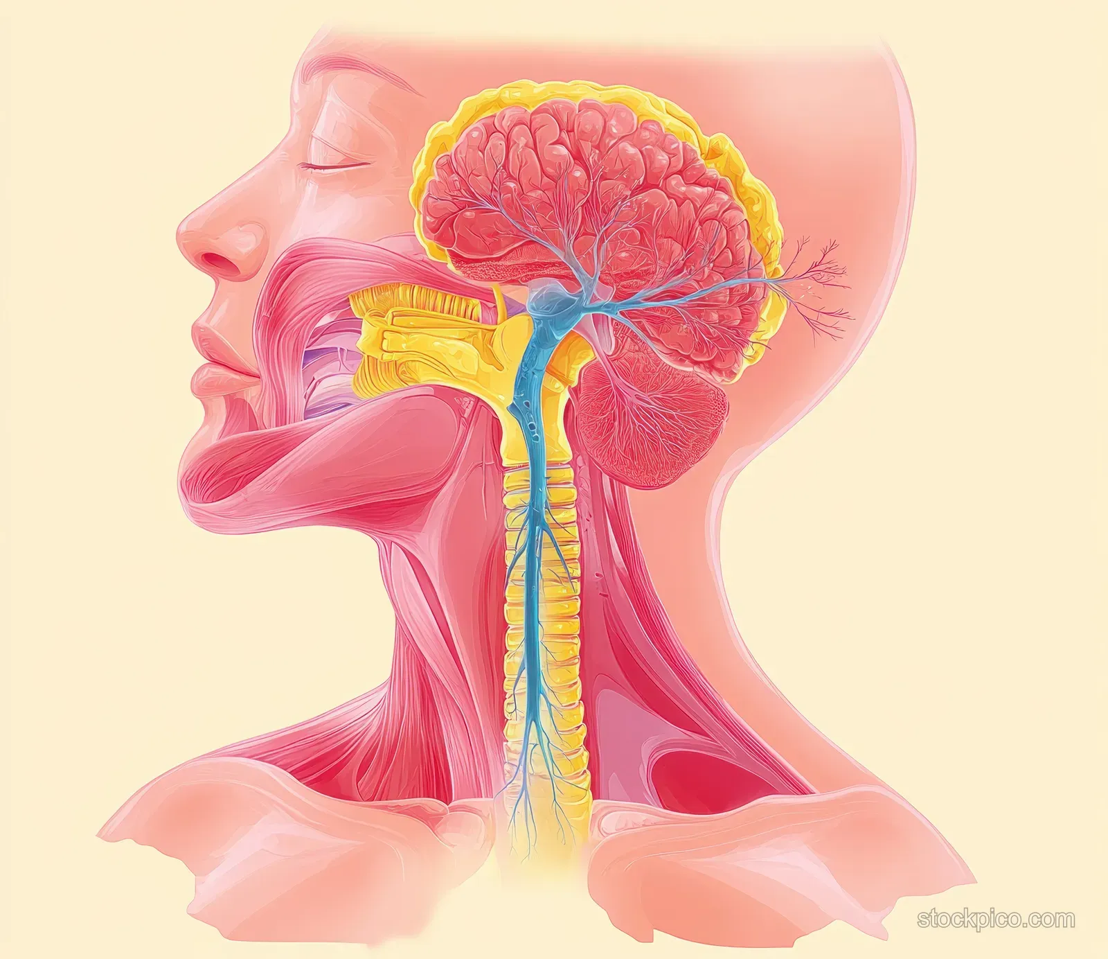 Side-profile anatomical cutaway showing nasal cavity, throat structures, and trachea within a human head diagram.