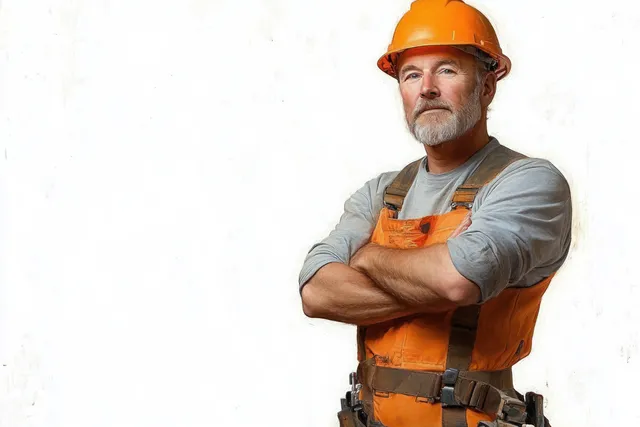 Mature construction worker wearing an orange helmet and overalls stands with arms crossed against a white background.