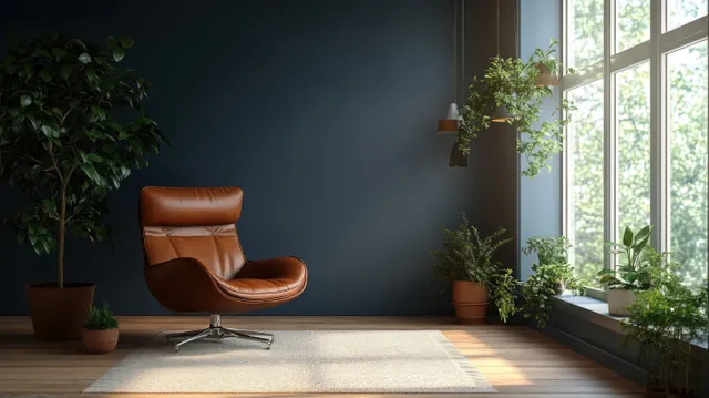 Brown leather lounge chair on a light rug next to large windows with potted plants in a minimalist room.