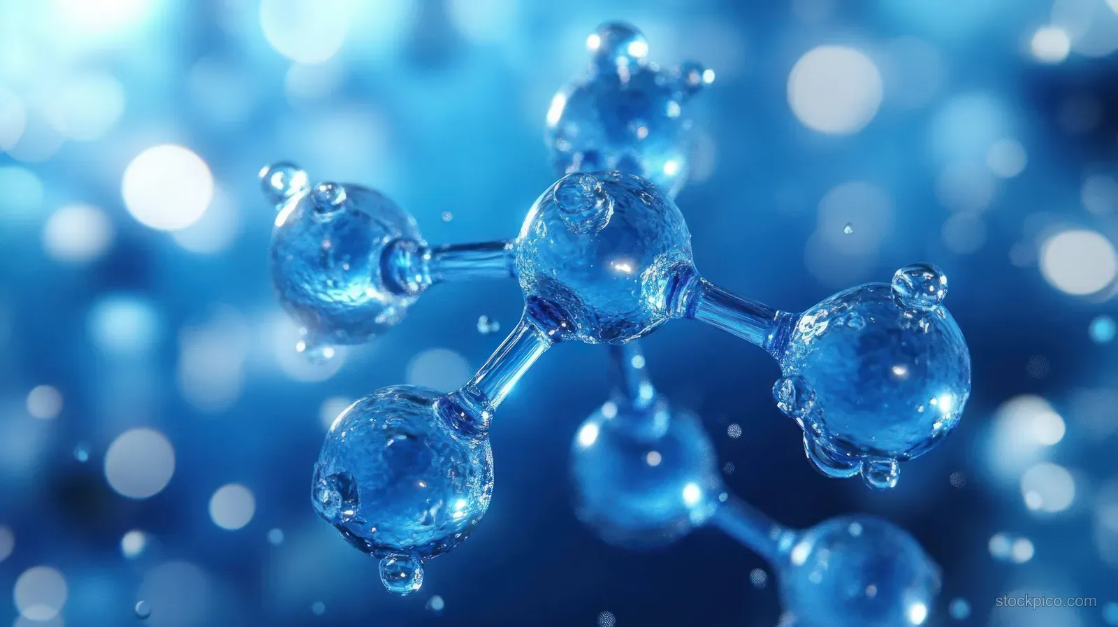 Blue 3D molecular structure with glowing atom spheres connected by bonds against a blurred blue backdrop.