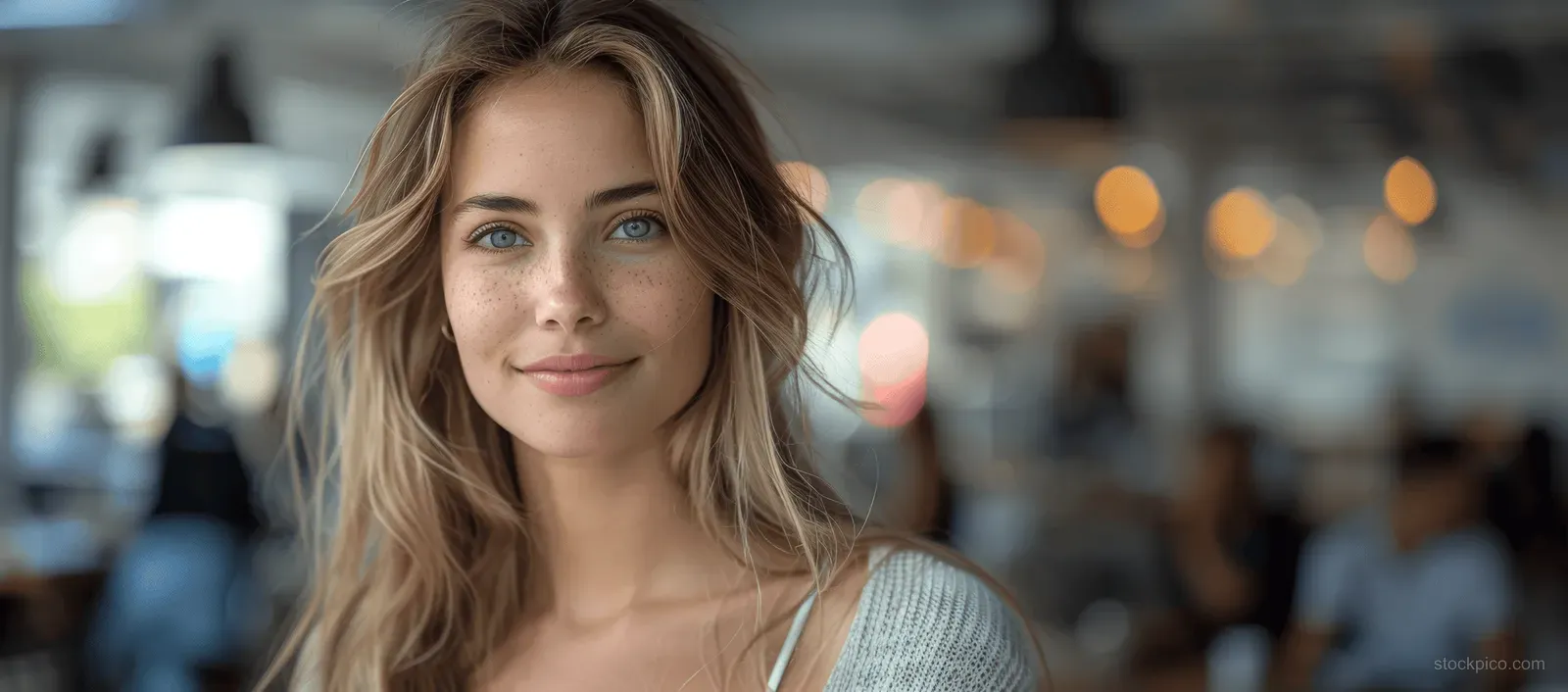 Young blonde woman smiling indoors with warm bokeh lights behind her and a softly blurred background.
