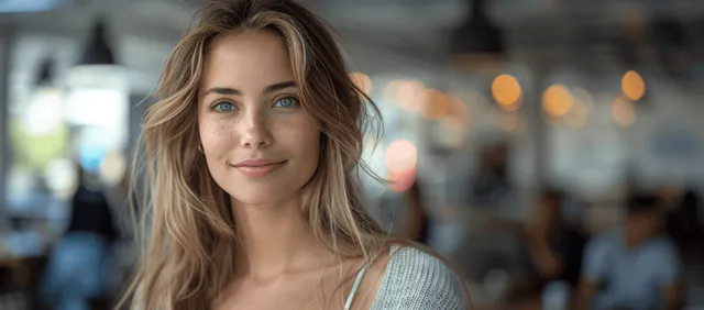 Young blonde woman smiling indoors with warm bokeh lights behind her and a softly blurred background.