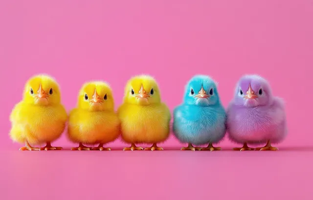 Five fluffy baby chicks in yellow, blue, and purple stand in a row on a pink background.