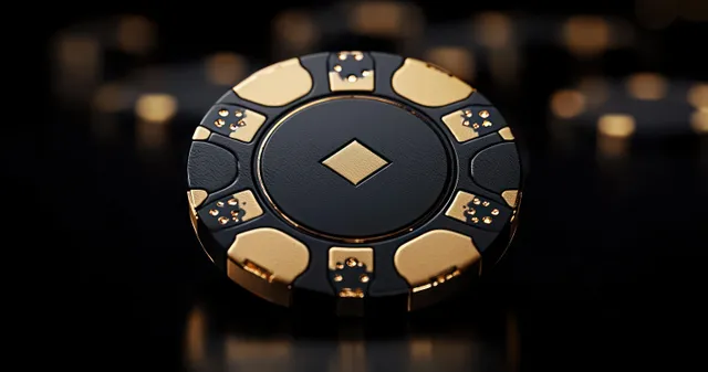 Close-up of gold-and-black poker chip with diamond center on dark bokeh background