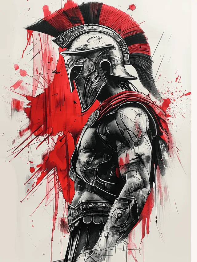 Spartan warrior in black armor with red cape and helmet plume, posed before a red splatter background.