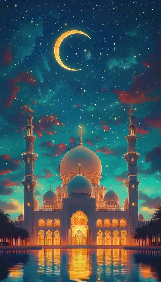 An illuminated mosque with glowing domes and minarets appears at night, reflected in a still pool under stars and a crescent moon.