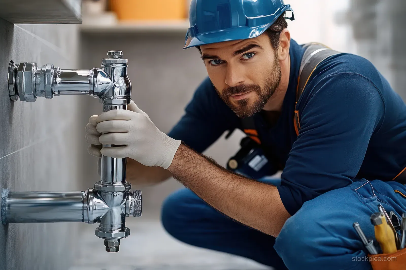 Plumber in blue helmet tightens shiny metal pipe fittings under an indoor sink with hand tools.