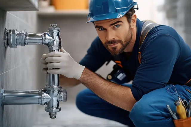 Plumber in blue helmet tightens shiny metal pipe fittings under an indoor sink with hand tools.