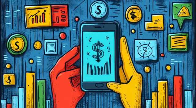Illustrated hands holding smartphones with dollar analytics charts over a blue background of finance icons and graphs.