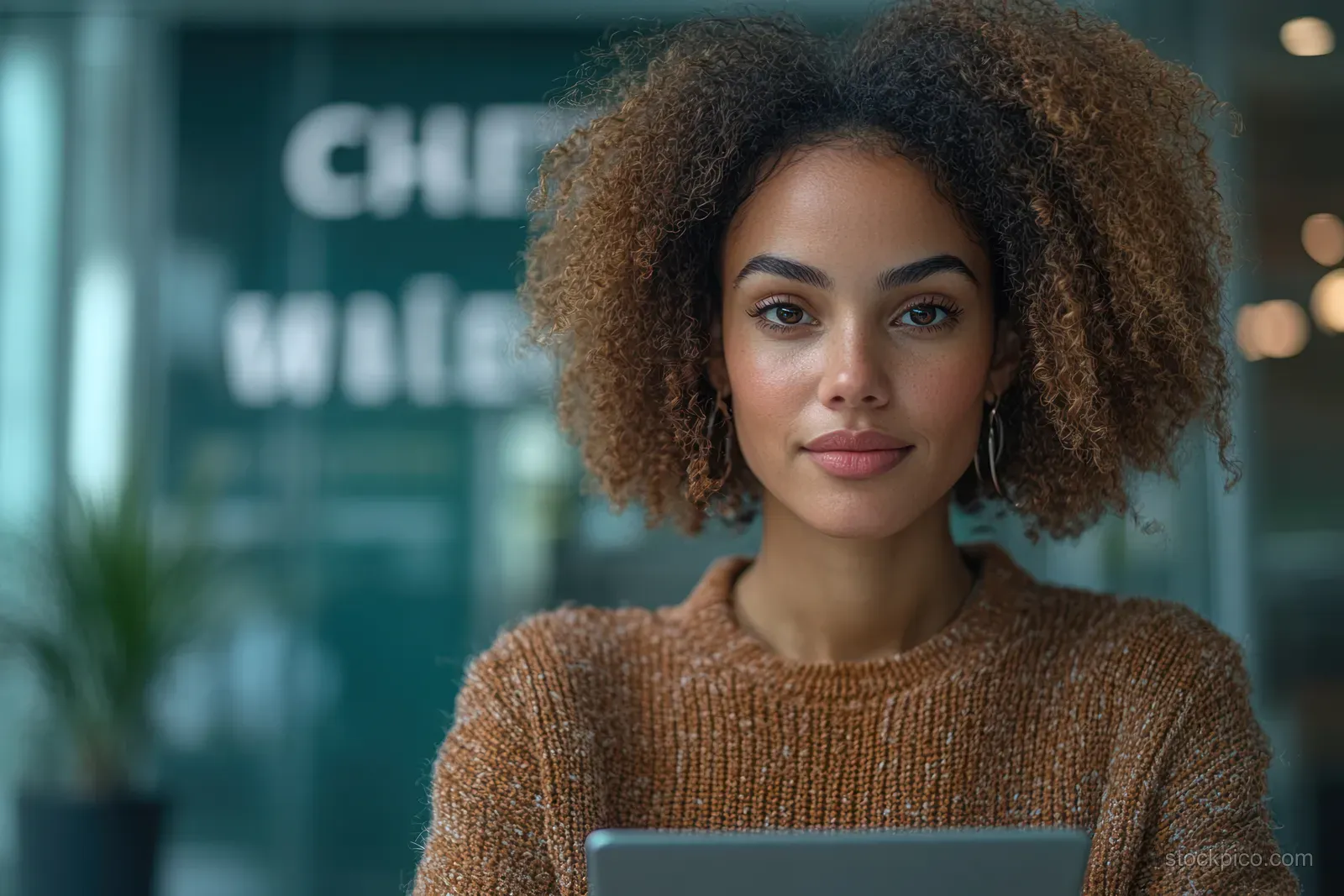 An African American businesswoman smiles while holding a tablet in a modern office conference meeting setting.