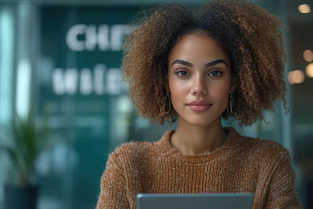 African American businesswoman explaining project on tablet at modern conference table, smiling