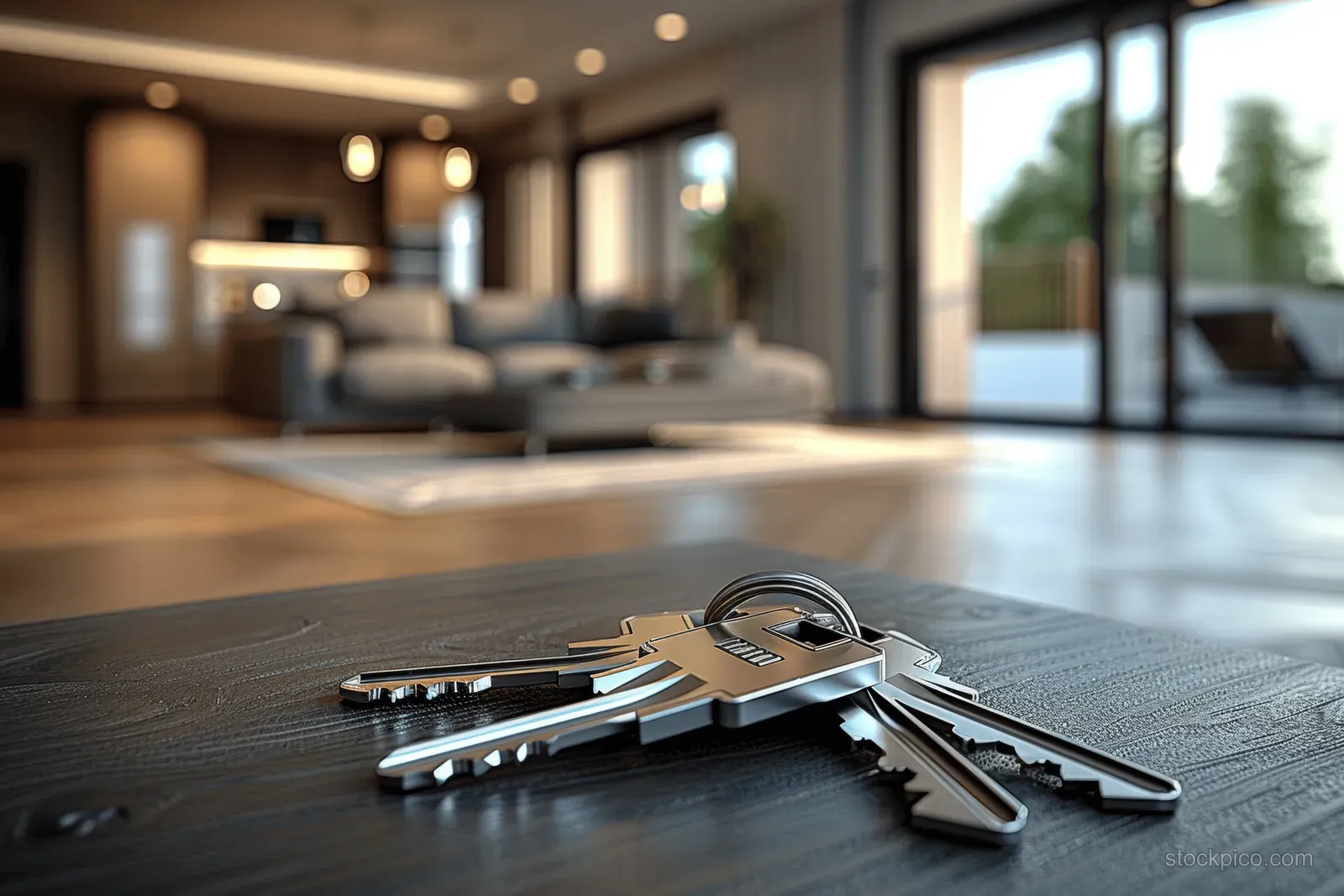 Metal keys lie on a coffee table in a bright apartment living room with blurred furniture and door light.