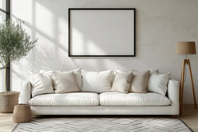 Minimalist living room with white sofa, textured pillows, and geometric rug