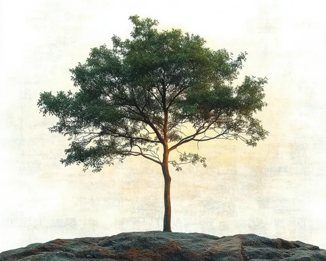 A lone green tree stands on rocky ground beneath a light, empty sky.
