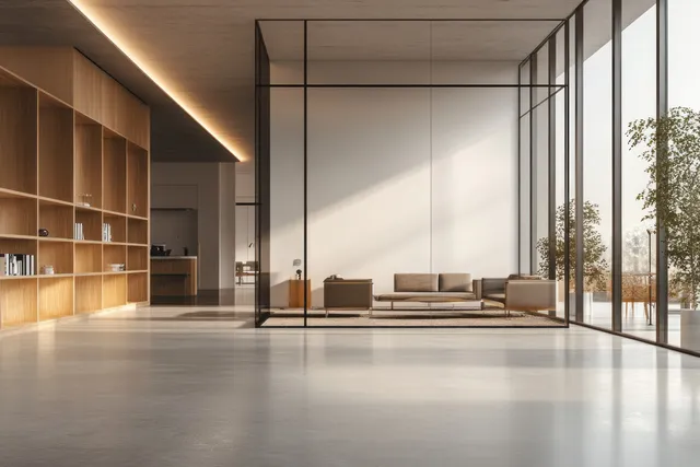 Minimalist office interior with glass partitions, wooden shelves, and soft sunlight shadows