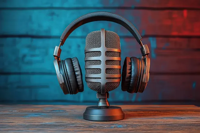 Vintage microphone on a wooden table with over-ear headphones, glowing under blue-red studio lights.